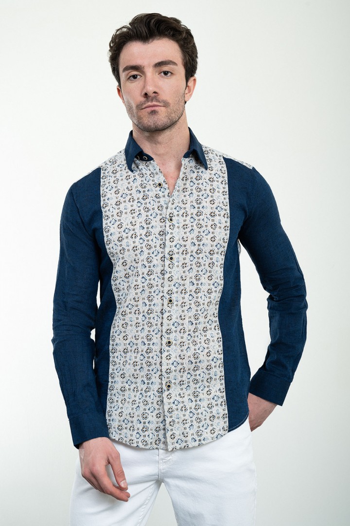 Beige Color Figured Design Casual Men's Shirt
