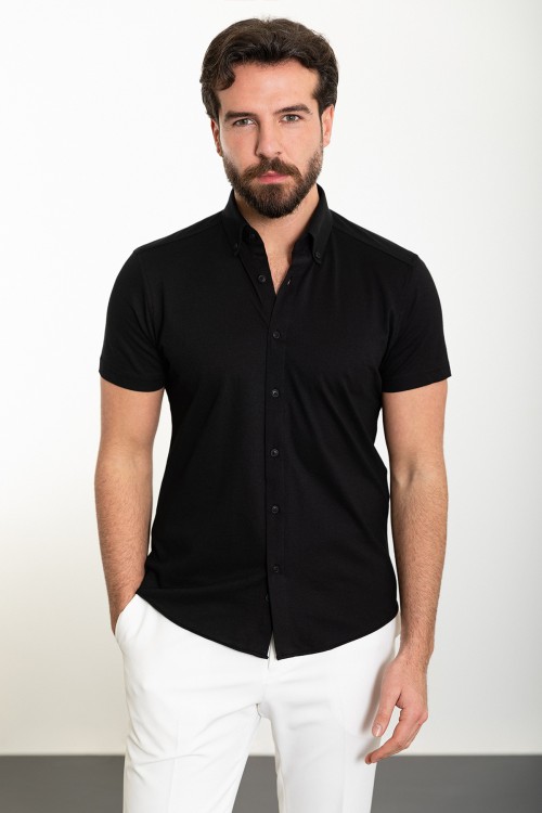 Black Color Short Sleeved Design Casual Cotton Men's Shirt