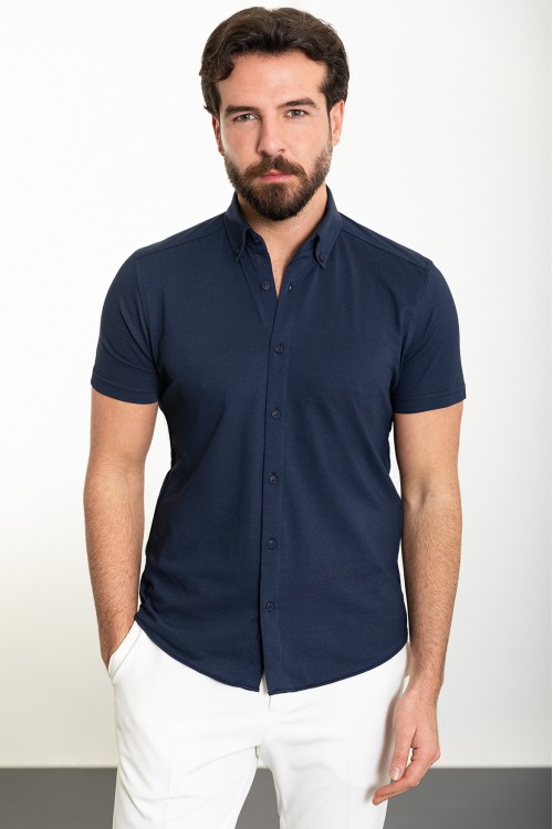 Dark Blue Color Short Sleeved Design Casual Cotton Men's Shirt