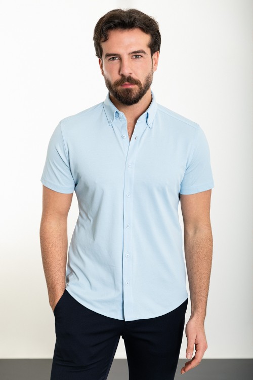 Blue Color Short Sleeved Design Casual Cotton Men's Shirt