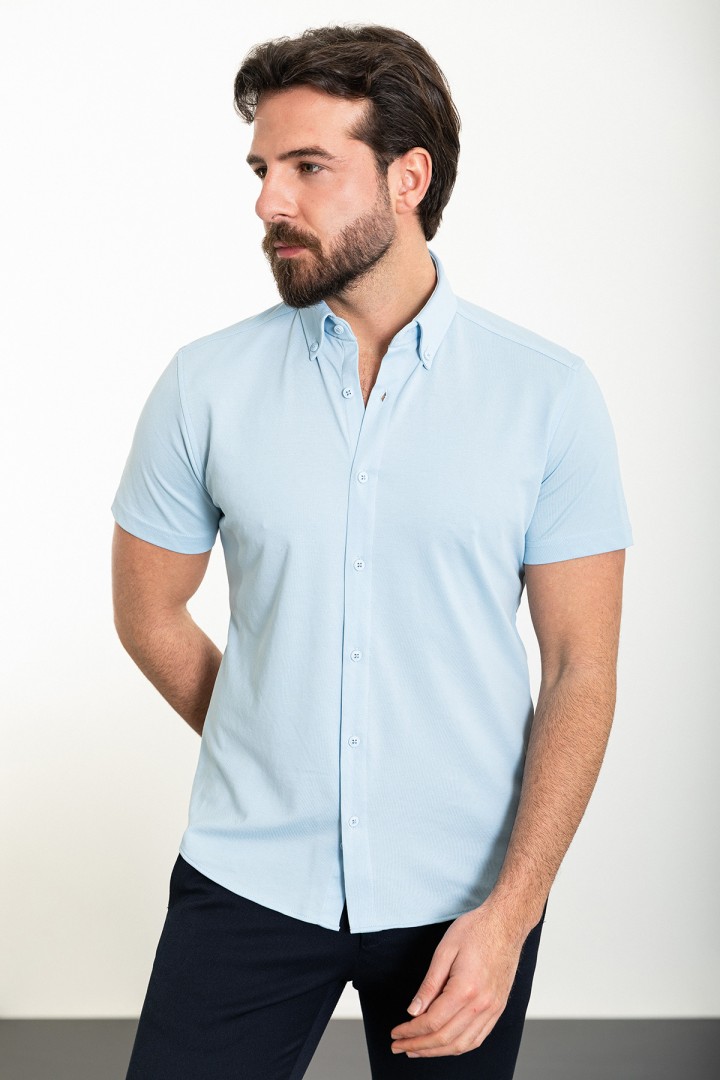 Blue Color Short Sleeved Design Casual Cotton Men's Shirt