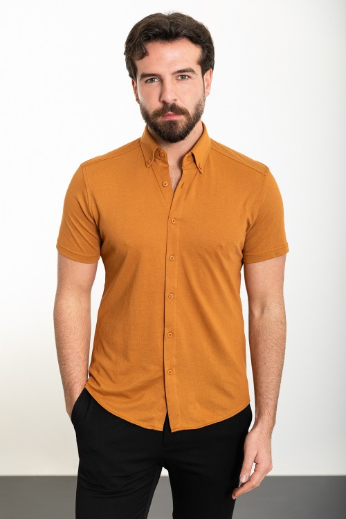 Camel Color Short Sleeved Design Casual Cotton Men's Shirt