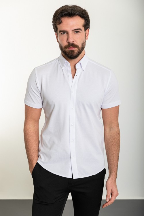 White Color Short Sleeved Design Casual Cotton Men's Shirt