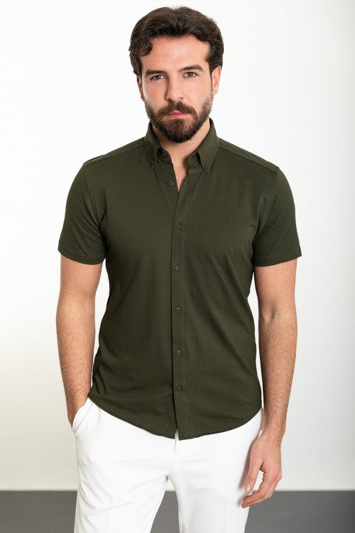 Khaki Color Short Sleeved Design Casual Cotton Men's Shirt