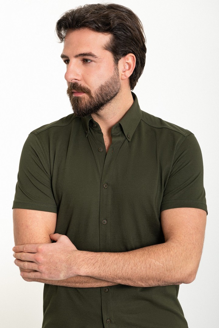 Khaki Color Short Sleeved Design Casual Cotton Men's Shirt