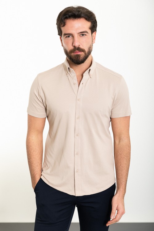 Beige Color Short Sleeved Design Casual Cotton Men's Shirt