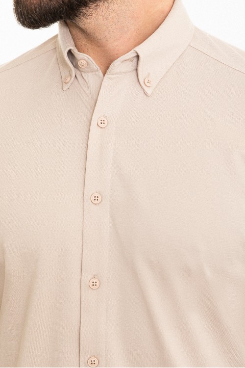 Beige Color Short Sleeved Design Casual Cotton Men's Shirt