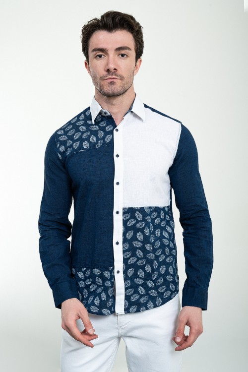 Dark Blue Color Two Sided Figured Design Casual Men's Shirt
