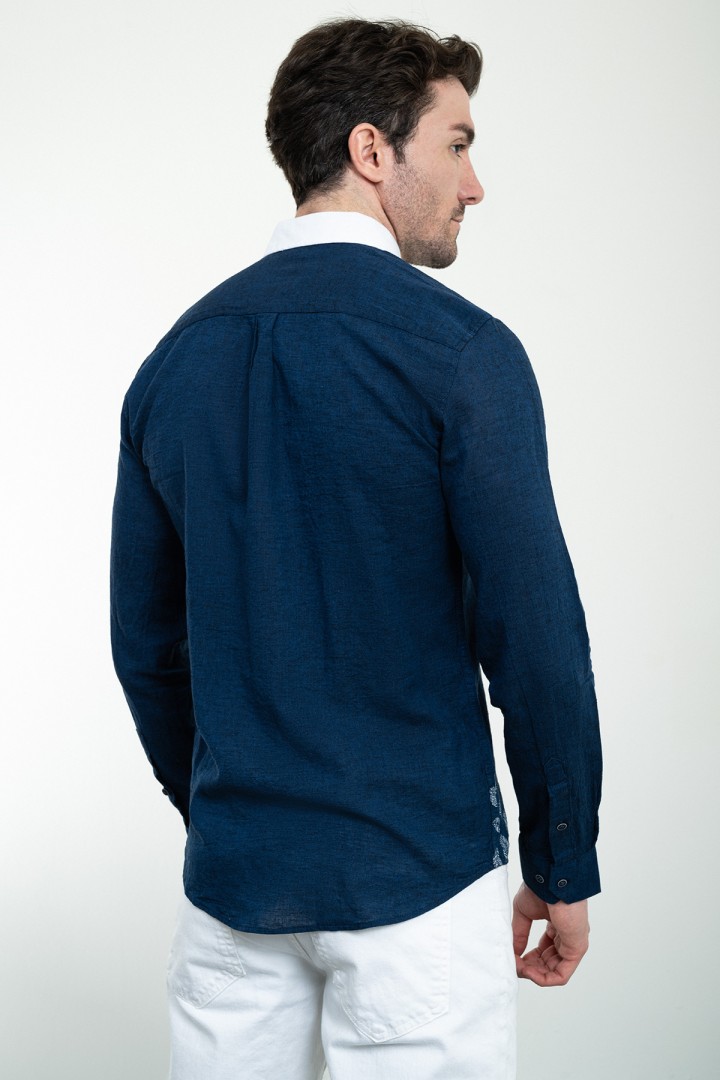 Dark Blue Color Two Sided Figured Design Casual Men's Shirt