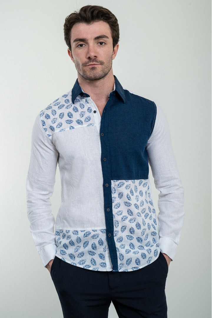 Dark Blue Color Two Sided Figured Design Casual Men's Shirt