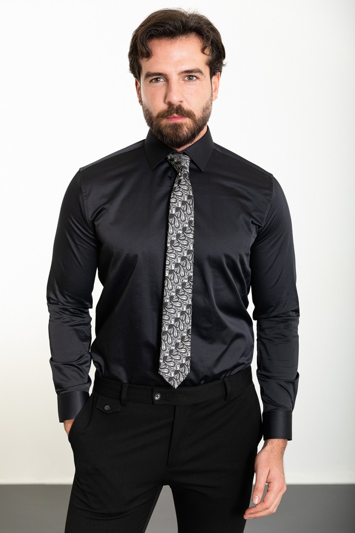 Black Cotton And Elastan Fabrics With Polycort Collar Detailed Classic Mens Shirt