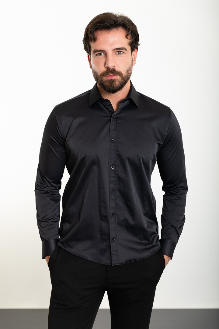 Black Cotton And Elastan Fabrics With Polycort Collar Detailed Classic Mens Shirt