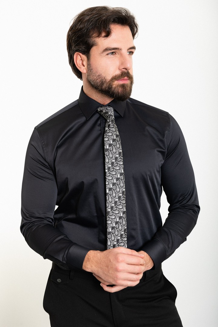 Black Cotton And Elastan Fabrics With Polycort Collar Detailed Classic Mens Shirt