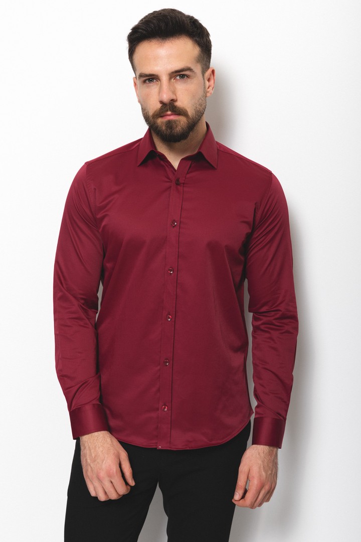 Claret Red Cotton And Elastane Fabrics With Polycort Collar Detailed Classic Mens Shirt