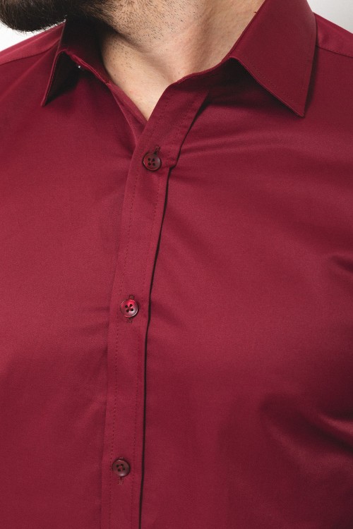 Claret Red Cotton And Elastane Fabrics With Polycort Collar Detailed Classic Mens Shirt