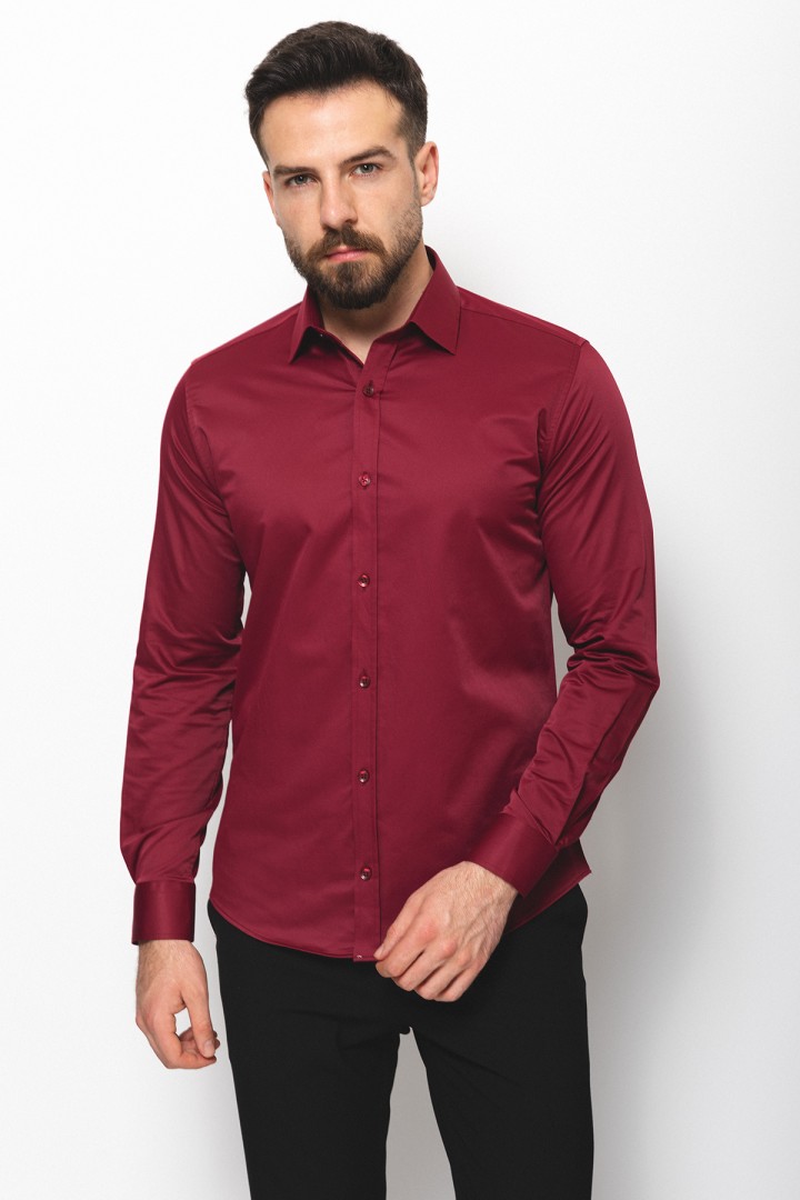 Claret Red Cotton And Elastane Fabrics With Polycort Collar Detailed Classic Mens Shirt