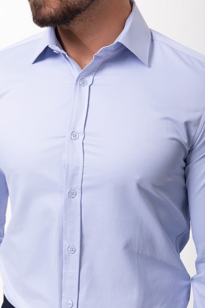 Blue Cotton And Elastane Fabrics With Polycort Collar Detailed Classic Mens Shirt