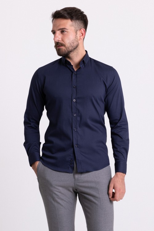Dark Blue Cotton And Elastane Fabric With Dobby Design Classic Men's Shirt