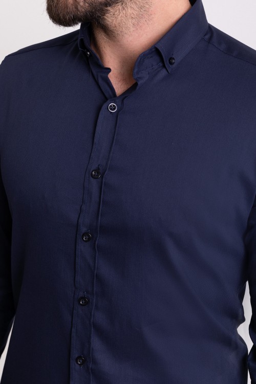 Dark Blue Cotton And Elastane Fabric With Dobby Design Classic Men's Shirt