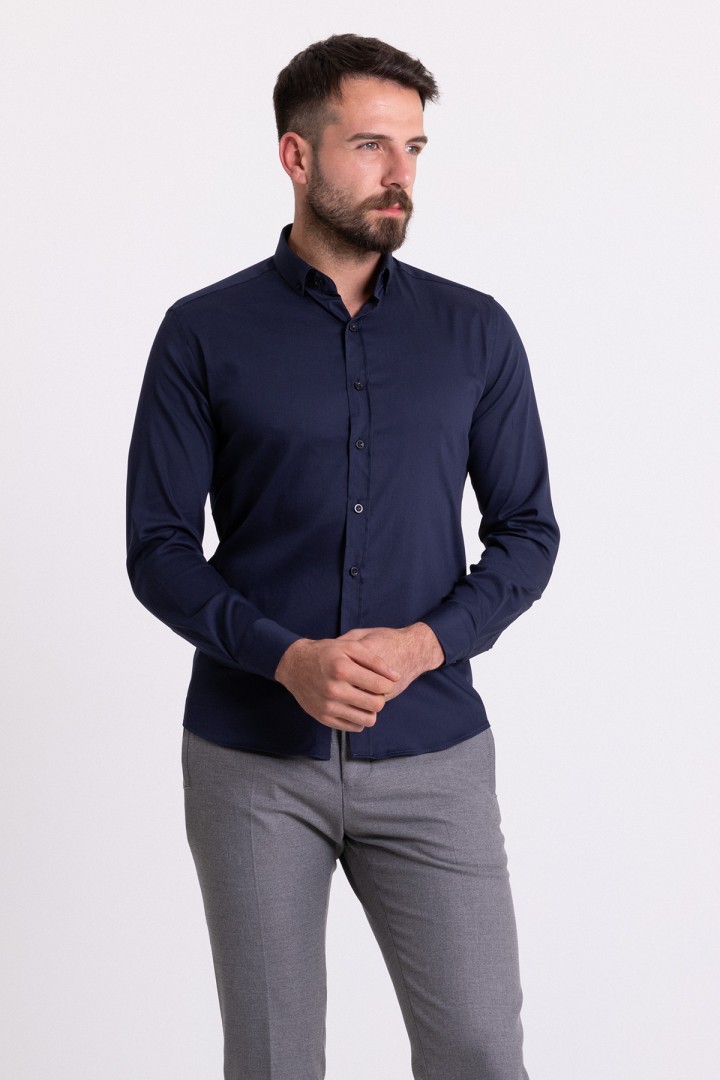 Dark Blue Cotton And Elastane Fabric With Dobby Design Classic Men's Shirt
