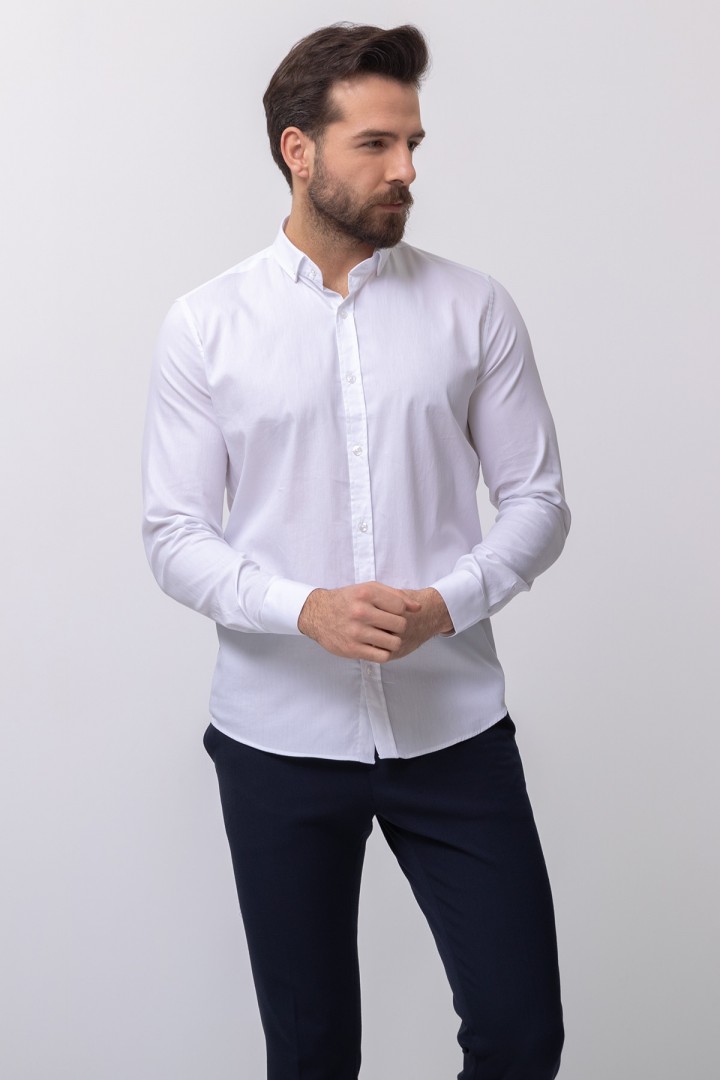 White Cotton And Elastane Fabrics With Dobby Design Classic Men's Shirt