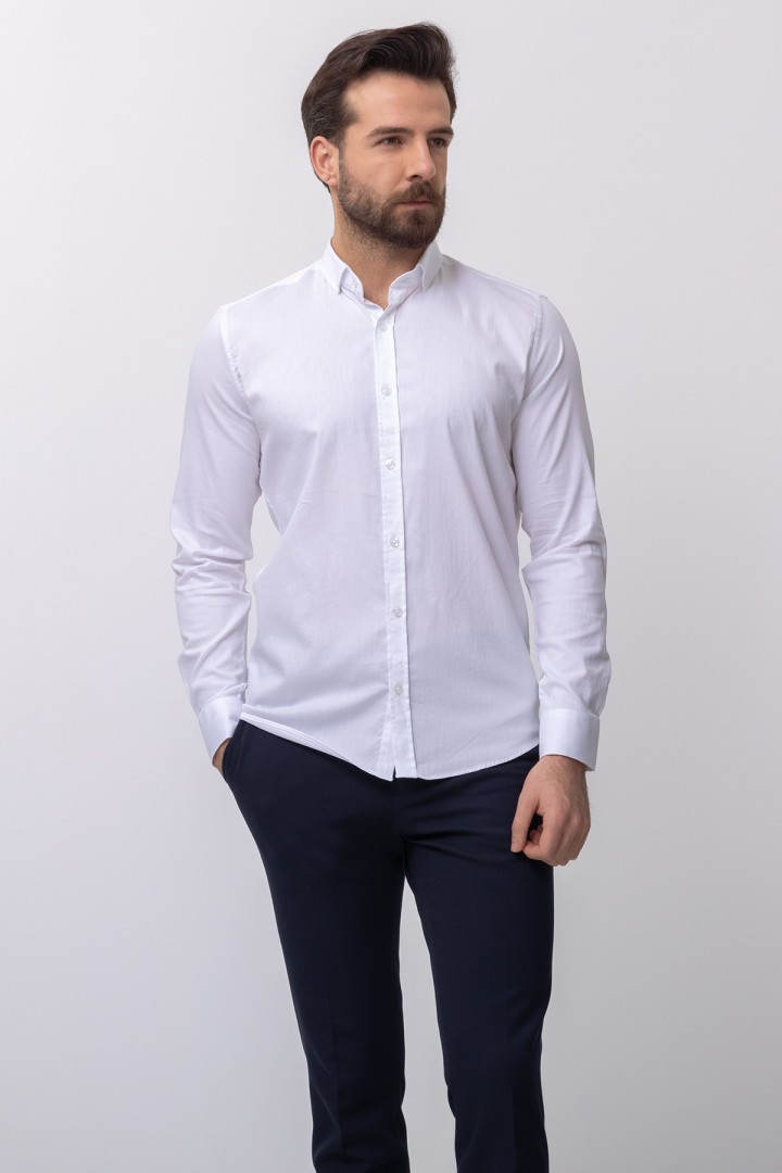 White Cotton And Elastane Fabrics With Dobby Design Classic Men's Shirt