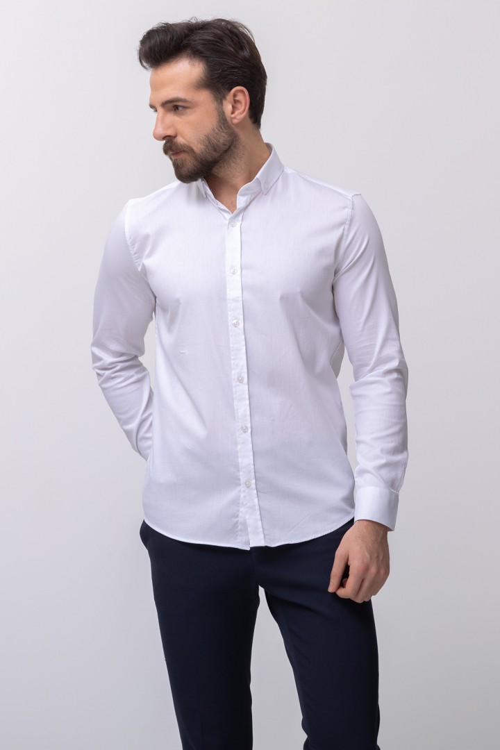 White Cotton And Elastane Fabrics With Dobby Design Classic Men's Shirt
