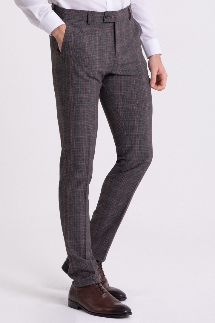 Black And Claret Red Colours Combination Wool And Elastane Fabrics With Check Patterned Design Casual Super Slim Mens Trousers