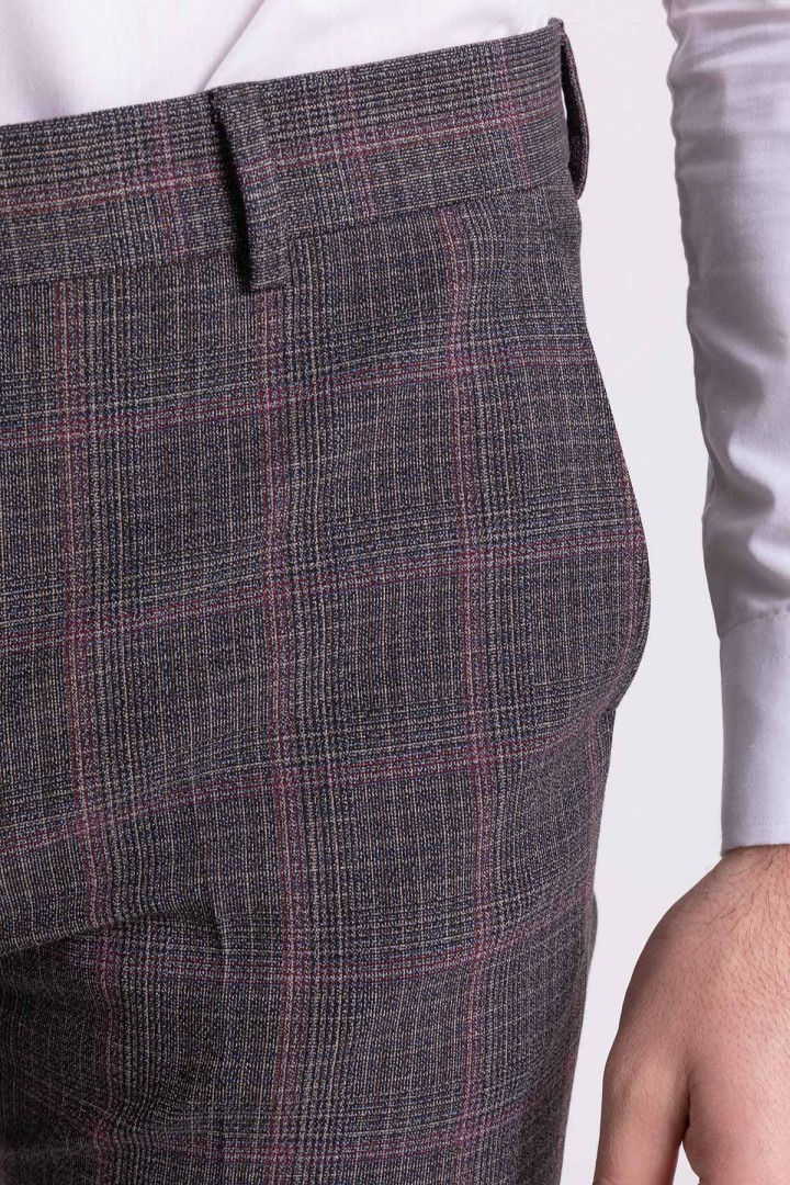 Black And Claret Red Colours Combination Wool And Elastane Fabrics With Check Patterned Design Casual Super Slim Mens Trousers