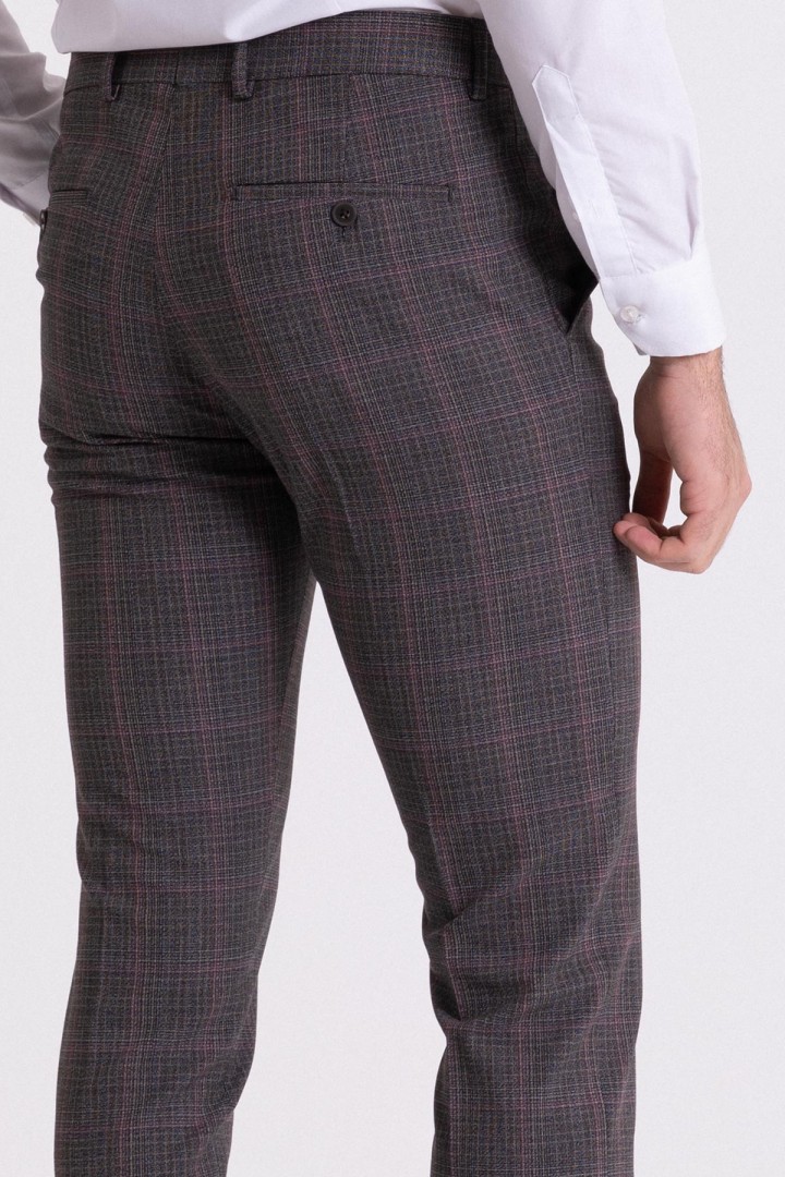 Black And Claret Red Colours Combination Wool And Elastane Fabrics With Check Patterned Design Casual Super Slim Mens Trousers