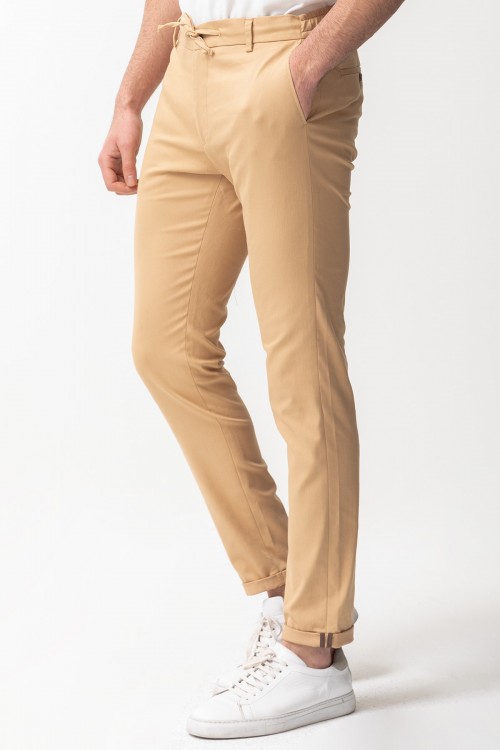 Beige Color Cotton And Elastane Fabrics With Corded Detail Basic Mens Pants
