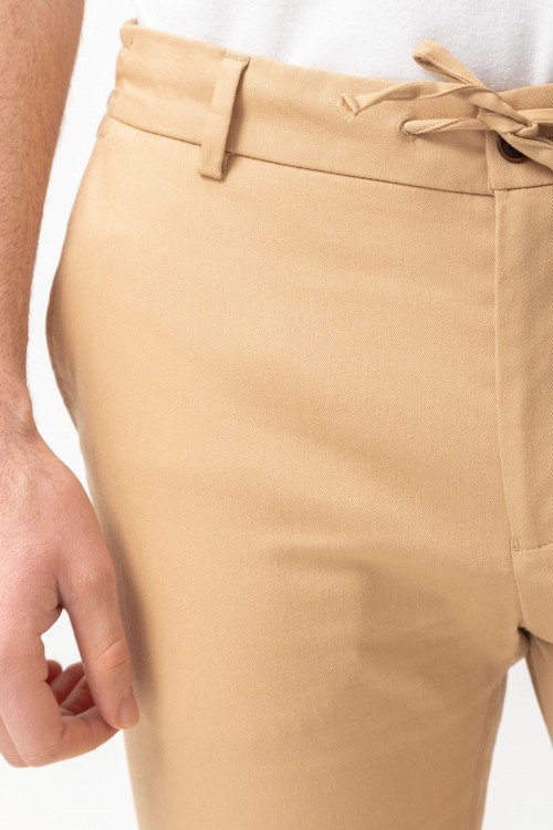 Beige Color Cotton And Elastane Fabrics With Corded Detail Basic Mens Pants