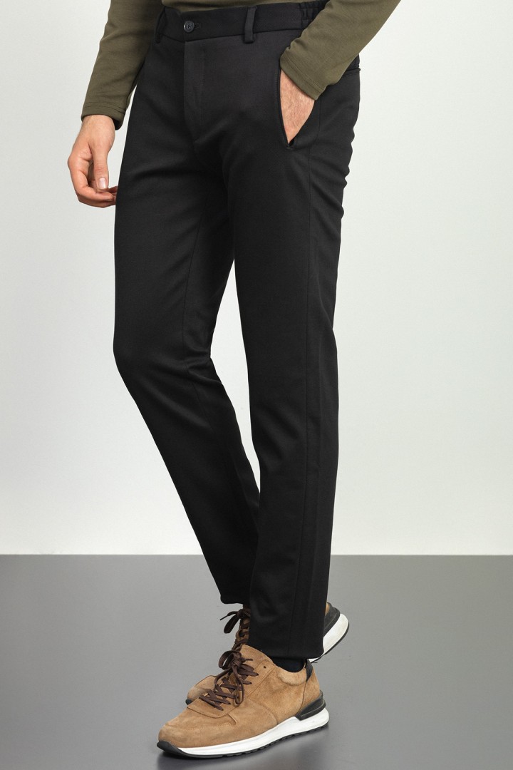 Black Cotton And Polyester Fabrics Elastic Design Casual Mens Pants