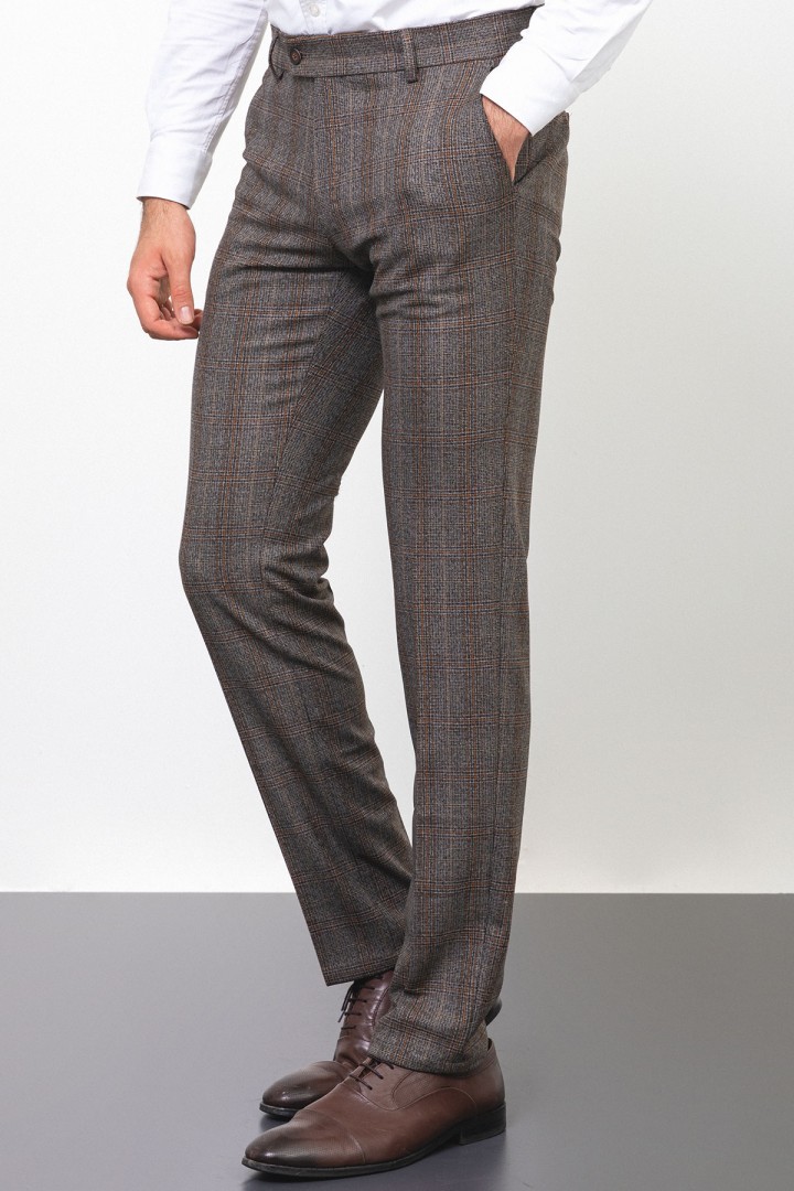 Black And Camel Colours Combination Wool And Viscose Fabrics Check Patterned Design Casual Mens Pants