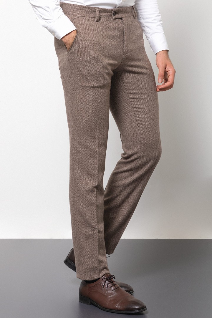 Camel And Beige Color Dobby Design Casual Wool And Acrylic Fabric Men's Trousers