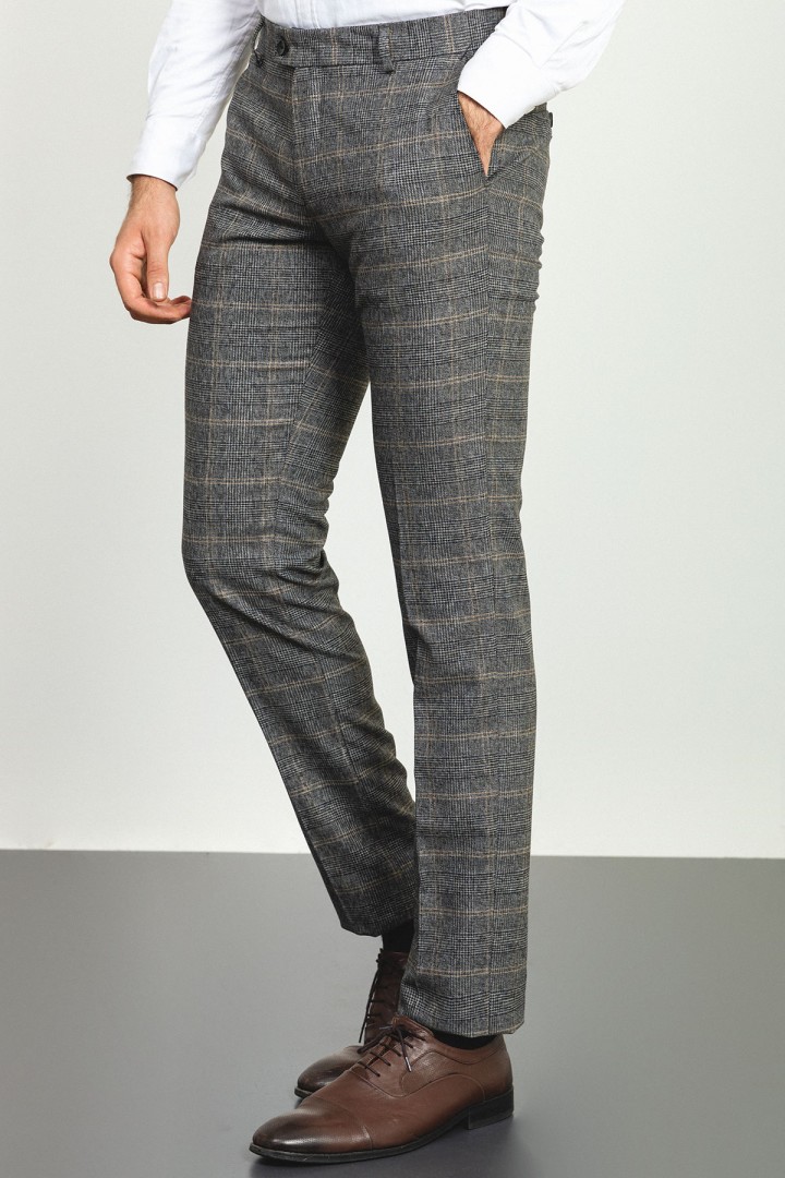 Black And Beige Color Check Patterned Design Classic Wool Men's Trousers