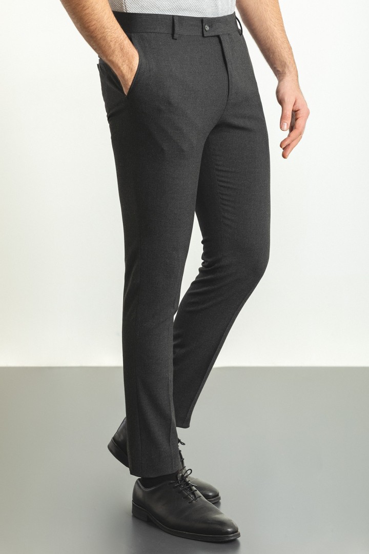 Anthracite Color Viscose And Elastane Fabric Classic Slim Fit Men'S Trousers