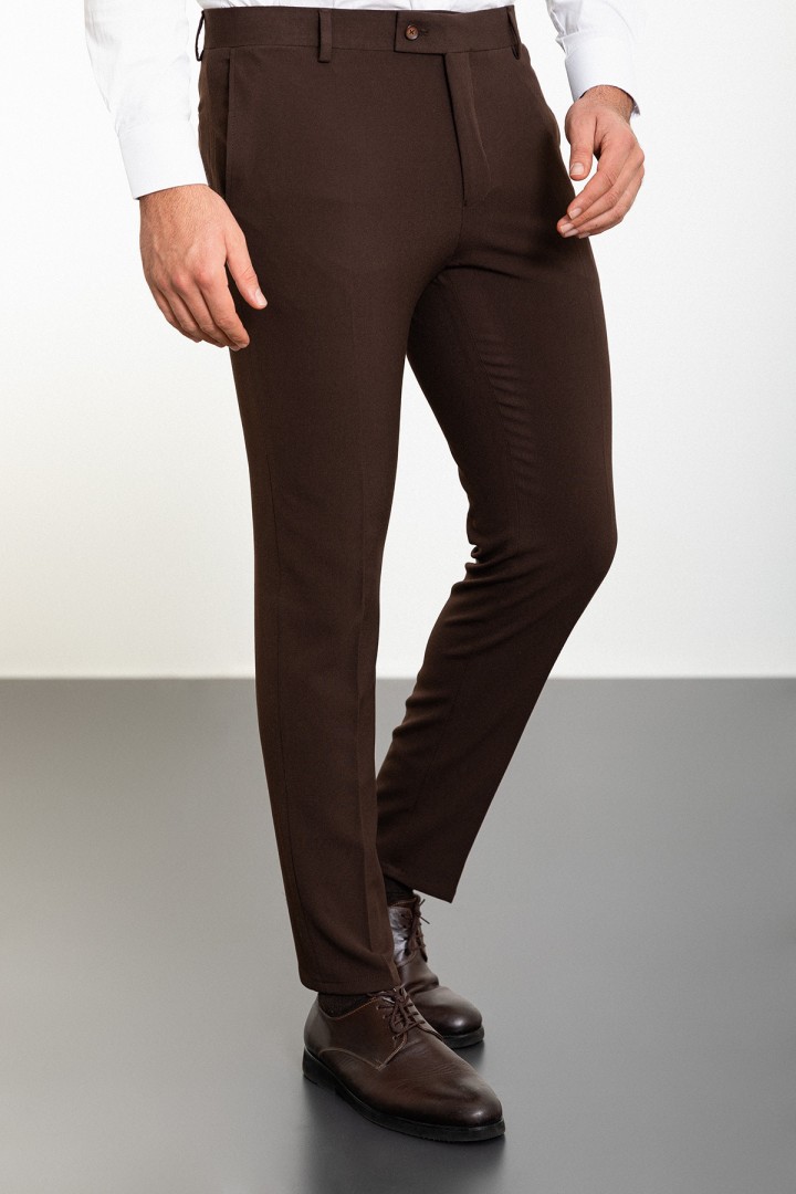 Brown Color Viscose And Elastane Fabric Classic Slim Fit Men's Trousers