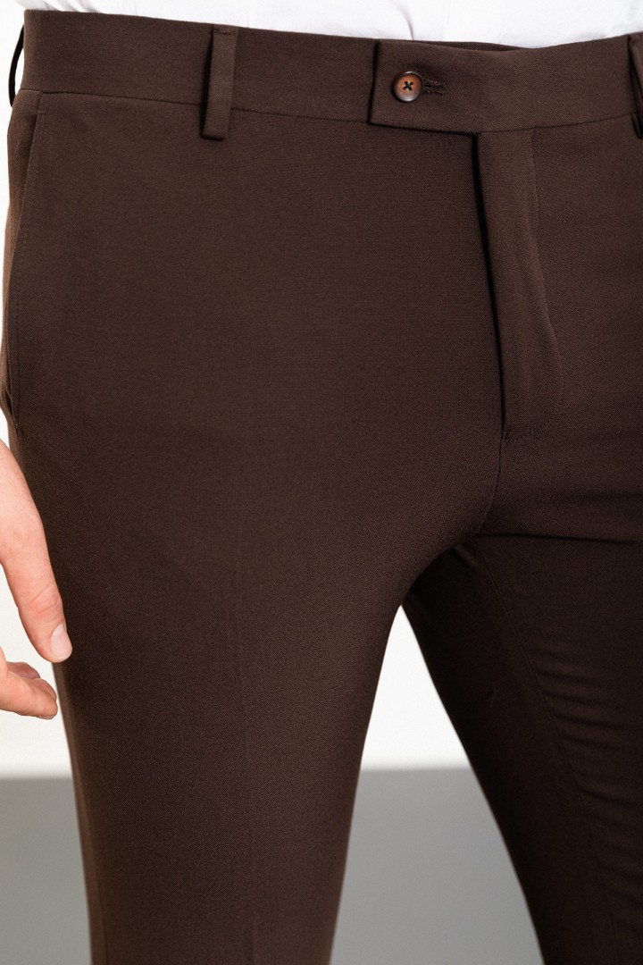 Brown Color Viscose And Elastane Fabric Classic Slim Fit Men's Trousers