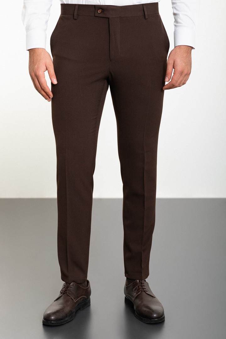 Brown Color Viscose And Elastane Fabric Classic Slim Fit Men's Trousers