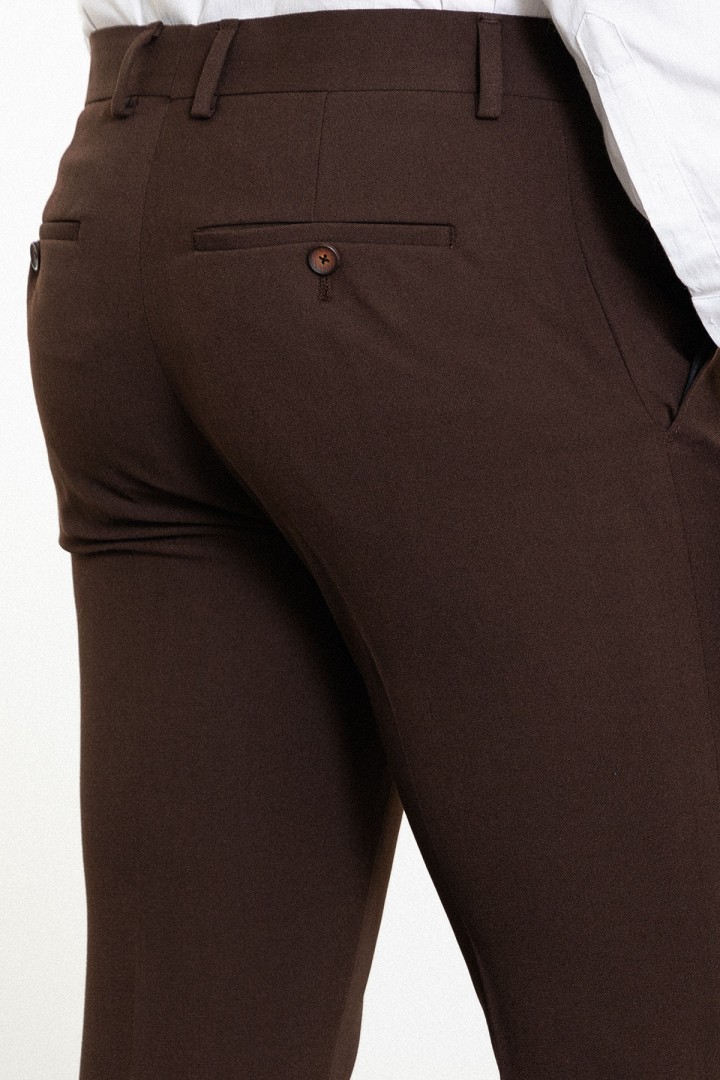 Brown Color Viscose And Elastane Fabric Classic Slim Fit Men's Trousers