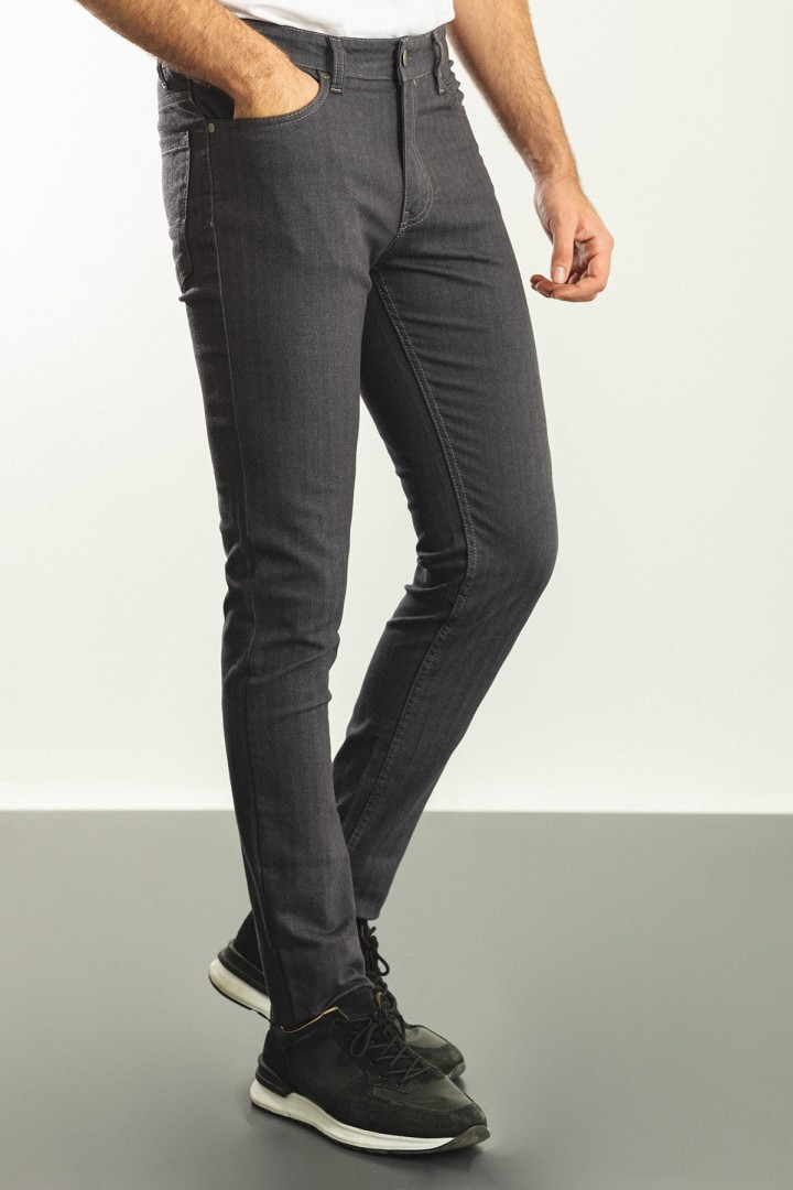 Anthracite Cotton And Elastane Fabrics Five Pocket And Striped Design Casual Mens Pants