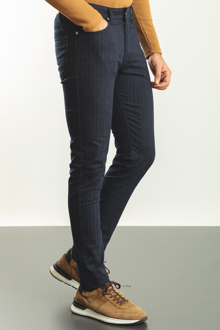 Dark Blue Cotton And Elastane Fabrics Five Pocket And Striped Design Casual Mens Pants