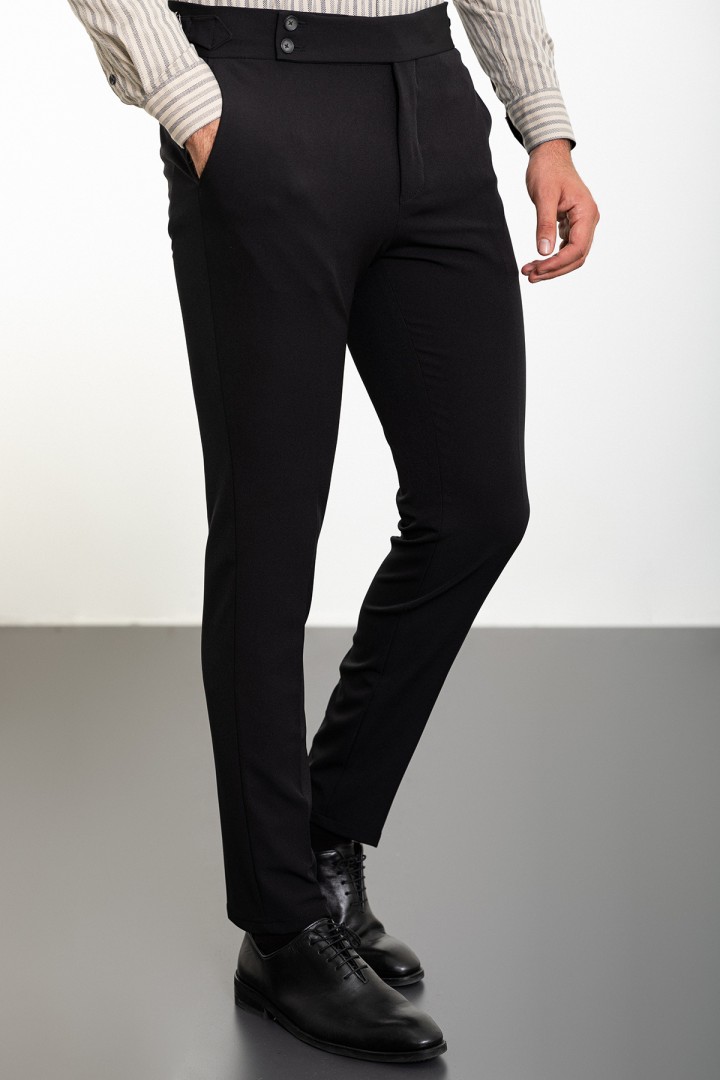 Black Color Belted Design Casual Wool Men's Trousers