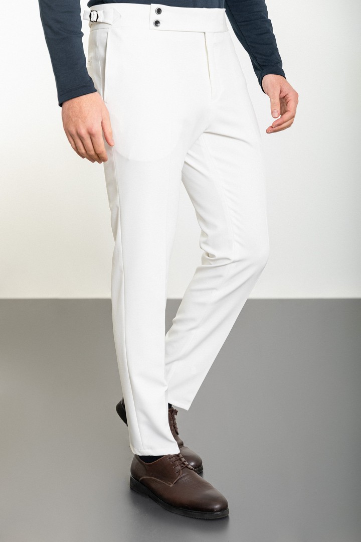 Ecru Color Belted Design Casual Wool Men's Trousers