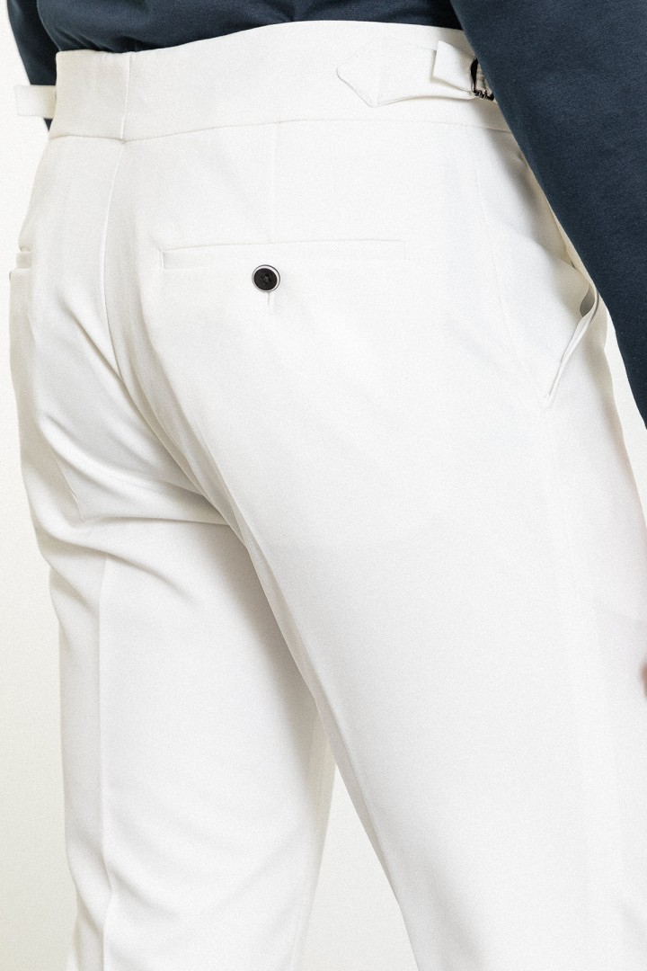 Ecru Color Belted Design Casual Wool Men's Trousers