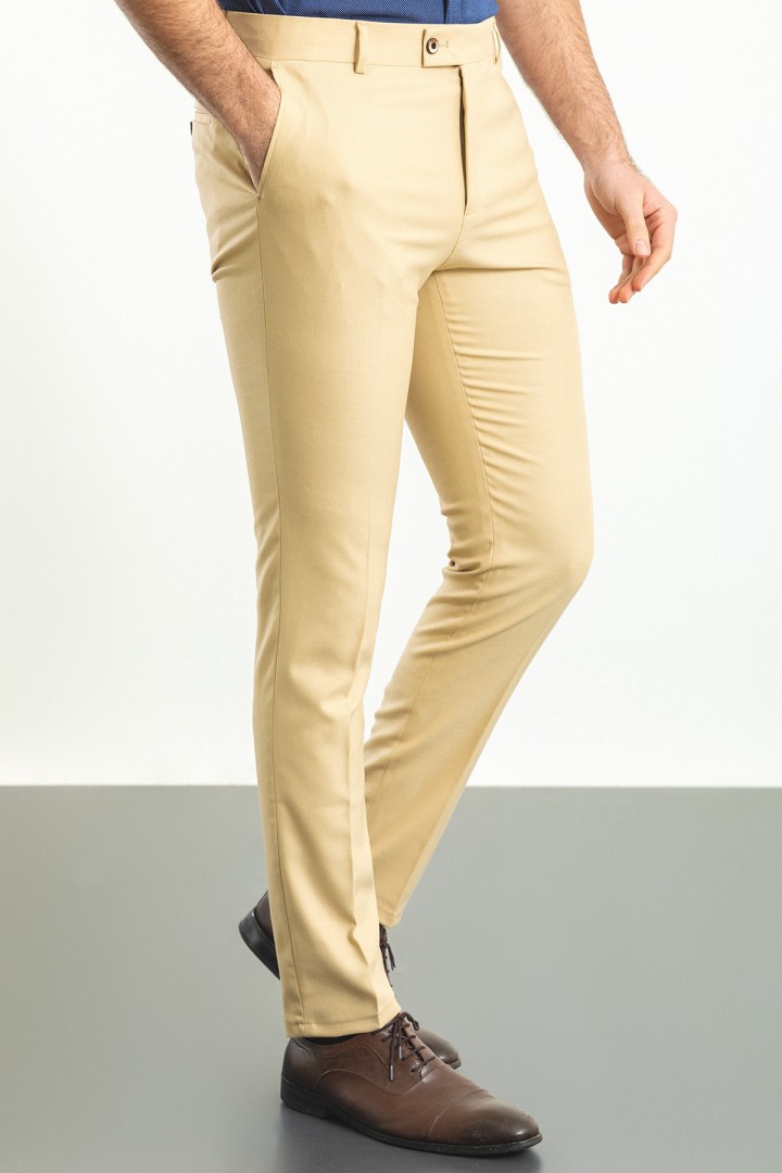 Beige Color Super Slim Fit Casual Cotton Men's Trousers