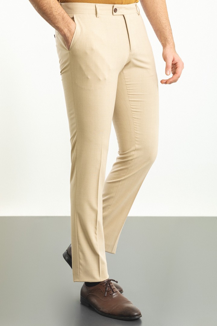 Beige Color Check Patterned Design Classic Wool Men's Trousers