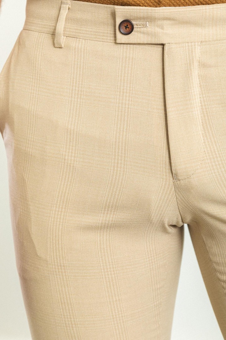 Beige Color Check Patterned Design Classic Wool Men's Trousers