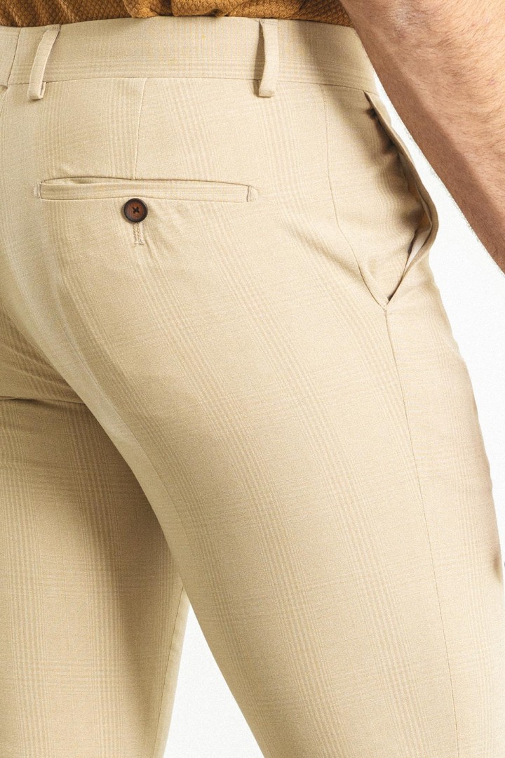 Beige Color Check Patterned Design Classic Wool Men's Trousers